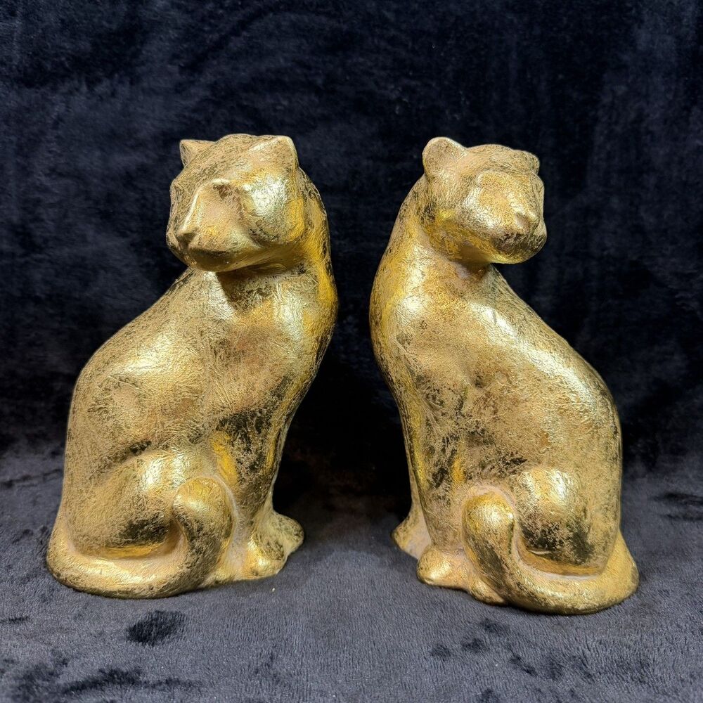 Big Cat Leopard Puma Lion Gold Bookends Sculptures Heavy x2 MCM Exotic Art Deco